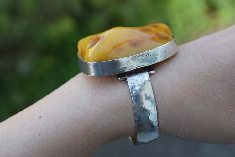 Natural amber bracelet bangle handmade with silver Scandinavian design 61g