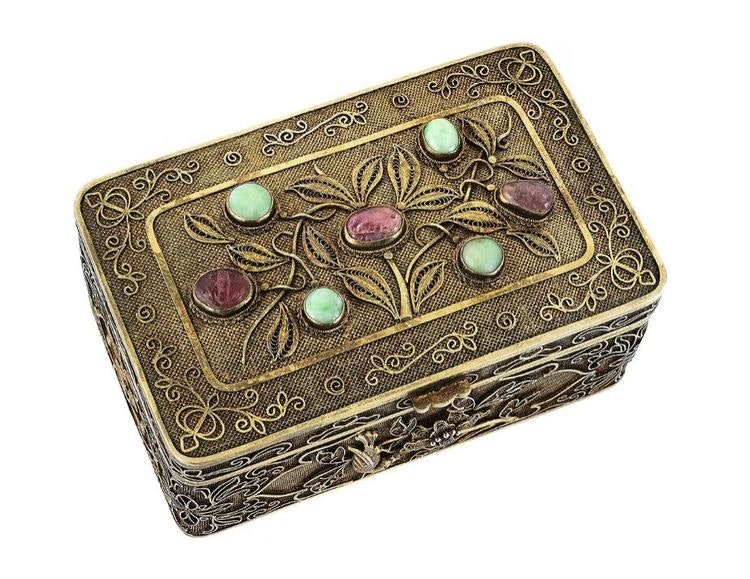 Antique Chinese export silver box filigree work with jade and tourmaline