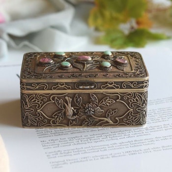 Antique Chinese export silver box filigree work with jade and tourmaline