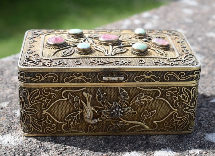 Antique Chinese export silver box filigree work with jade and tourmaline