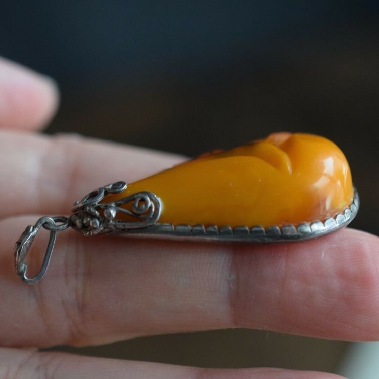 Antique natural baltic amber pendant egg yolk handcarved floral design 1960's