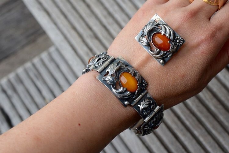 Natural Amber Antique bracelet bangle brooch sterling silver danish design 60g