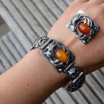 Natural Amber Antique bracelet bangle brooch sterling silver danish design 60g