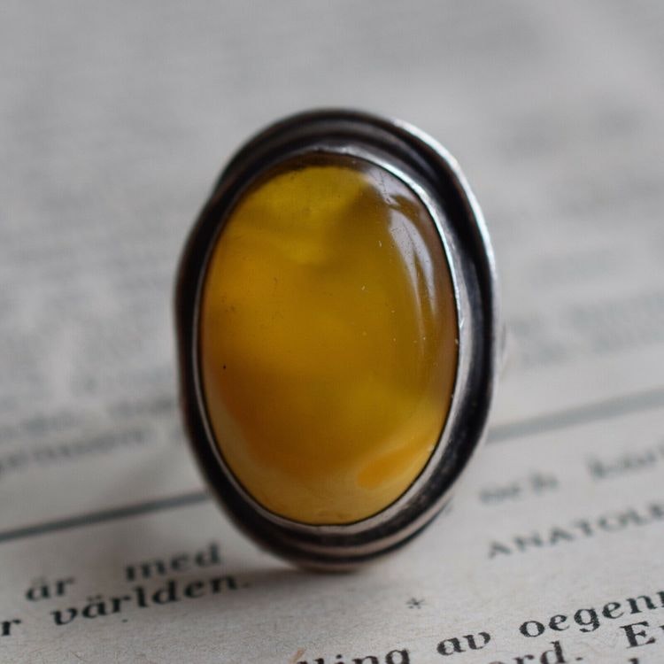 Vintage natural amber ring butterscotch Swedish design sterling silver 6g Size15 #6