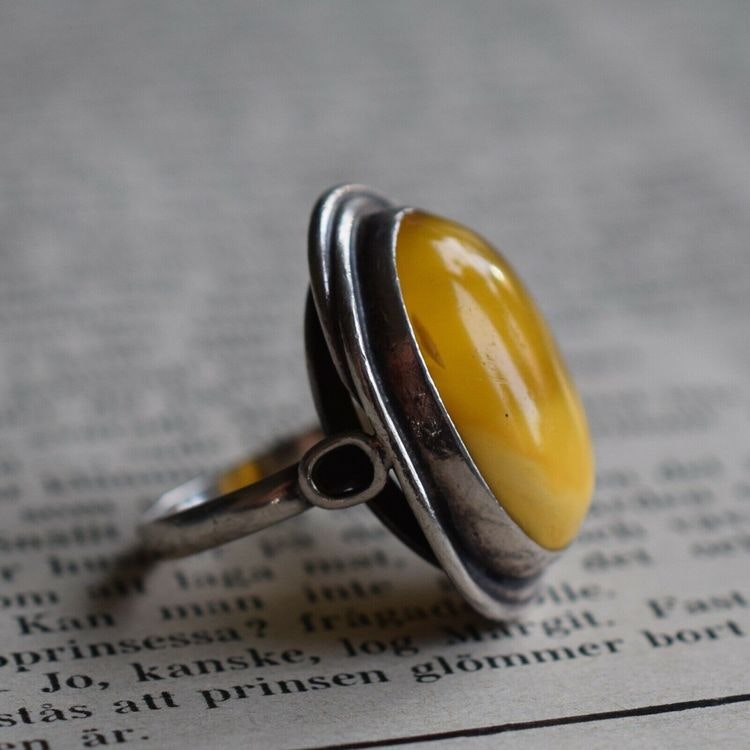 Vintage natural amber ring butterscotch Swedish design sterling silver 6g Size15 #6