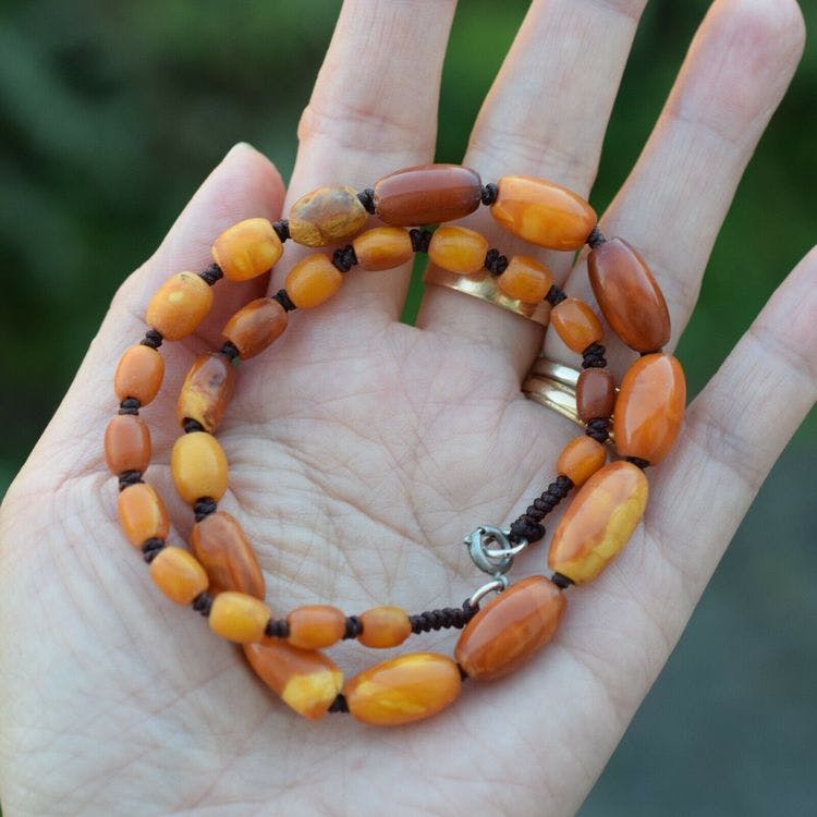 Natural antique Danish amber necklace oval beads butterscotch egg yolk 12g