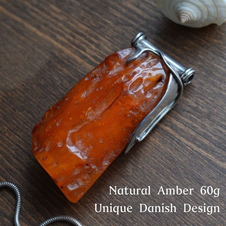 Unique Natural amber pendant with 925 handmade silver Danish design 60g Big 1980's