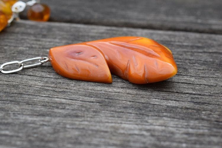 Antique amber pendant with 925 silver necklace hand carved Swedish design 40g