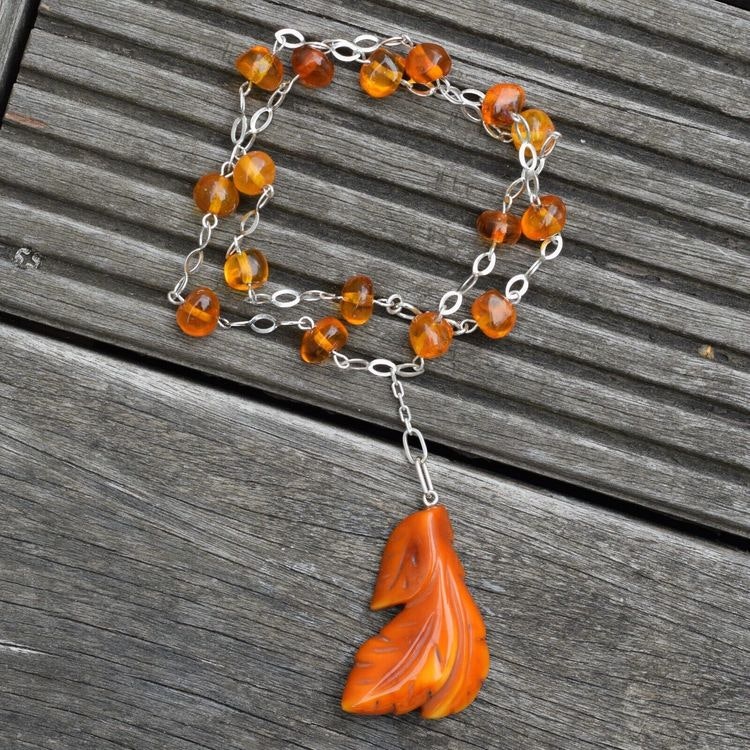 Antique amber pendant with 925 silver necklace hand carved Swedish design 40g