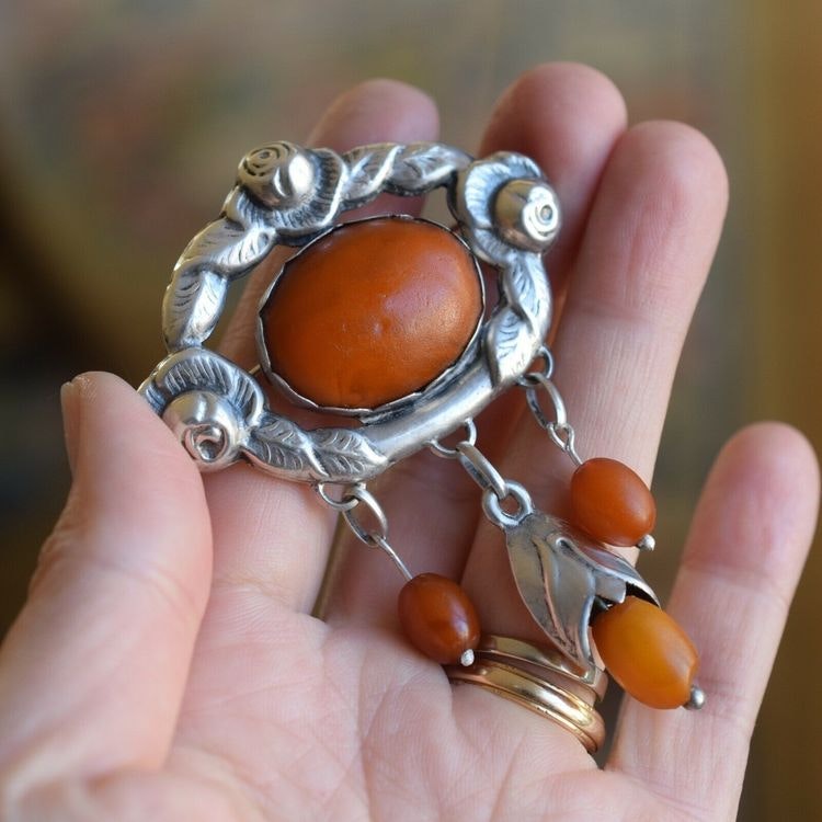 Vintage Silver Brooch with Amber for sale