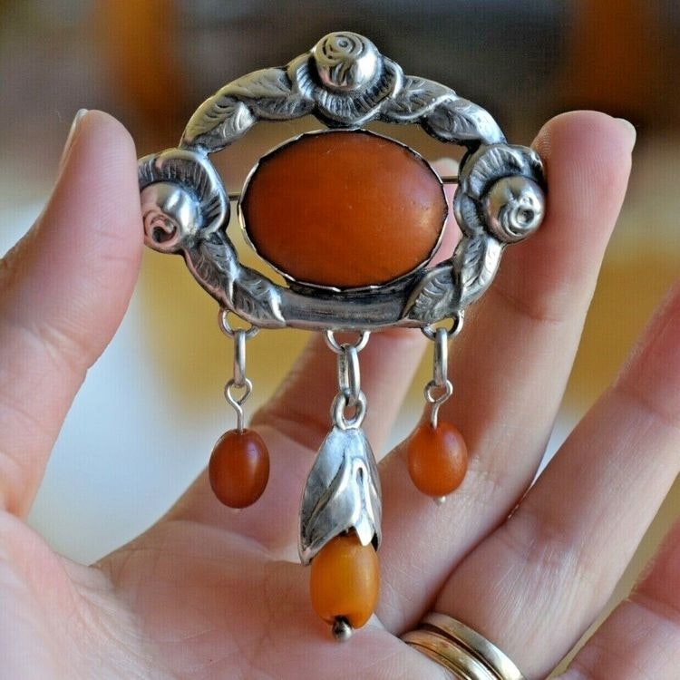 Natural Amber Antique Brooch Silver From 1920s Baltic Amber Art Nouveau 14.6g