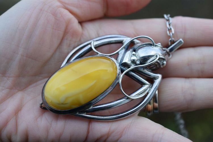 Natural amber pendant with silver baltic amber scandinavian design 38g