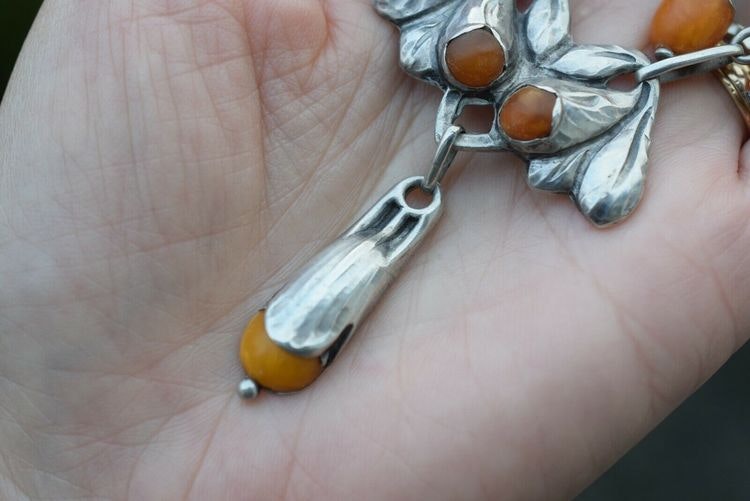 Natural Amber Antique Brooch Silver From Denmark1893-1937 Art Nouveau big 32g