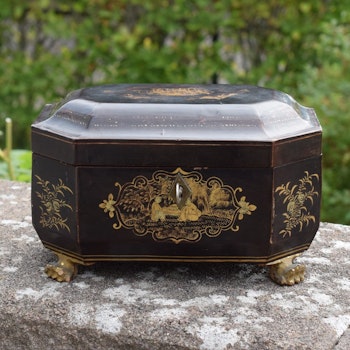 Antique Chinese Gilt Lacquered Tea Caddy w/ Pewter Containers