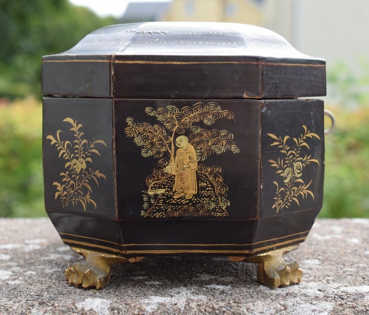 Antique Chinese Gilt Lacquered Tea Caddy w/ Pewter Containers