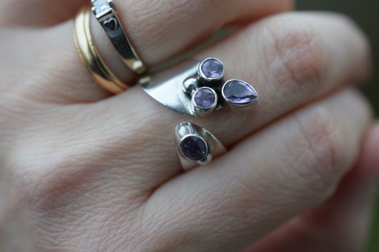 Scandinavian handmade design ring 925 silver 4 faceted amethyst leaf adjustable