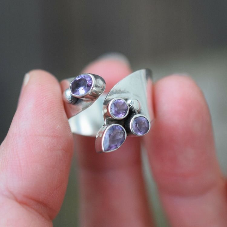 Scandinavian handmade design ring 925 silver 4 faceted amethyst leaf adjustable