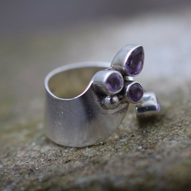 Scandinavian handmade design ring 925 silver 4 faceted amethyst leaf adjustable