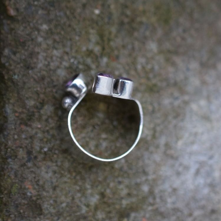 Scandinavian handmade design ring 925 silver 4 faceted amethyst leaf adjustable