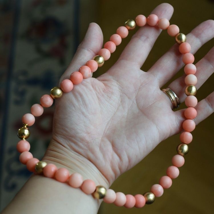 10mm Genuine Natural Round Pink Coral Bead Solid 18k Yellow Gold Necklace 65g