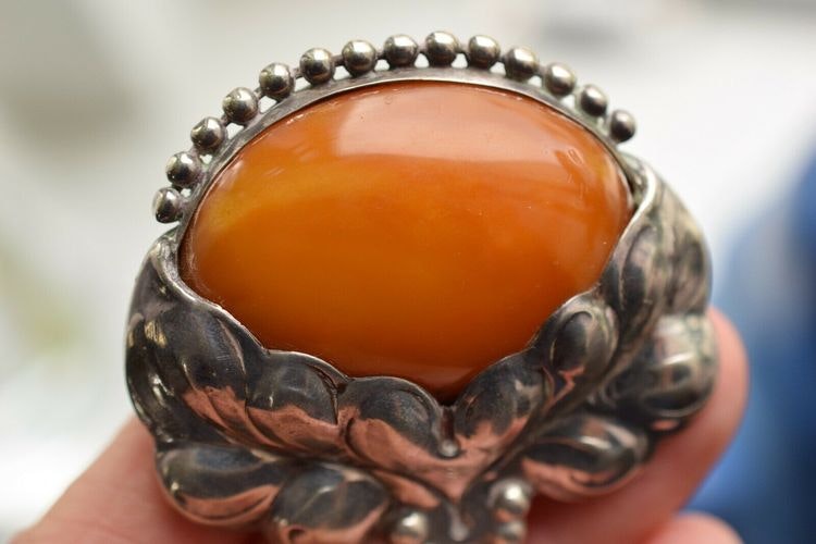 Natural Amber Antique Brooch Silver From Denmark1930s Art Nouveau big 23g