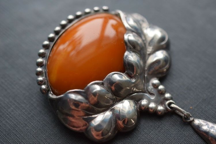 Natural Amber Antique Brooch Silver From Denmark1930s Art Nouveau big 23g