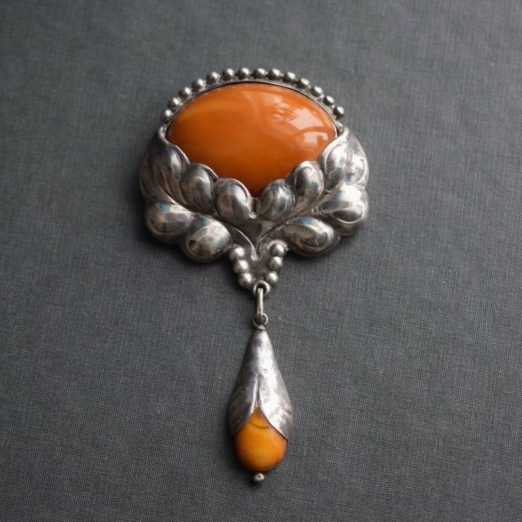 Natural Amber Antique Brooch Silver From Denmark1930s Art Nouveau big 23g