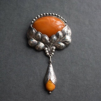 Natural Amber Antique Brooch Silver From Denmark1930s Art Nouveau big 23g