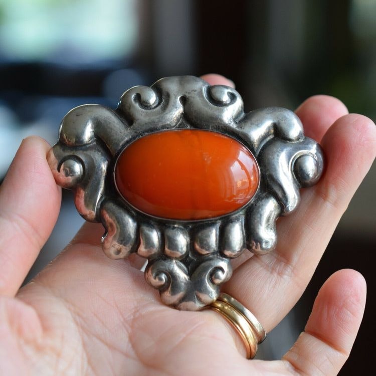 Natural Amber Antique Brooch Silver From Denmark 1914-1937 Art Nouveau Big 25g #2