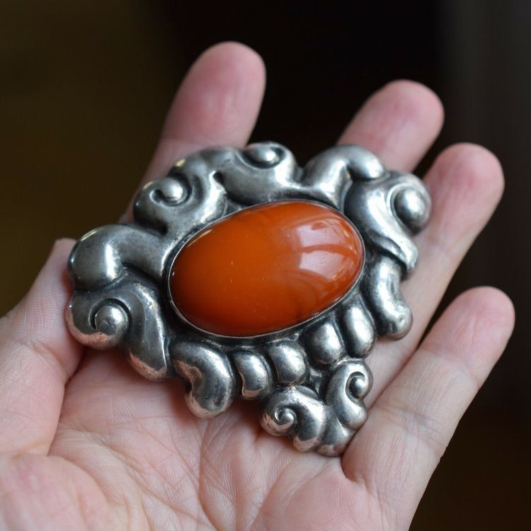 Natural Amber Antique Brooch Silver From Denmark 1914-1937 Art Nouveau Big 25g #2