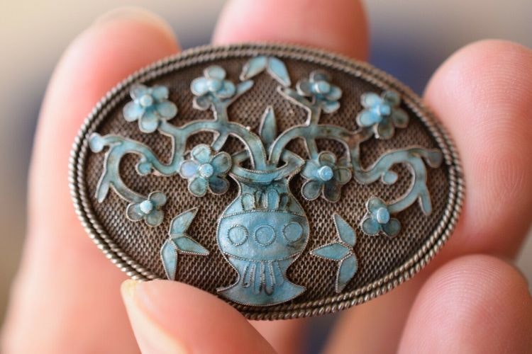 Antique Qing Dynasty Republic Chinese filigree enamel handmade silver brooch