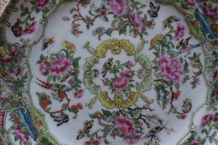 Antique rare Chinese Canton Rose Butterfly dish with bats famille rose #380