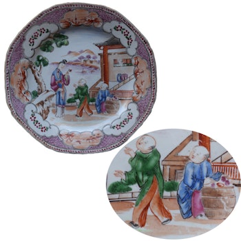 18th Century Chinese Export Rose Mandarin plate Qianlong Octagonal