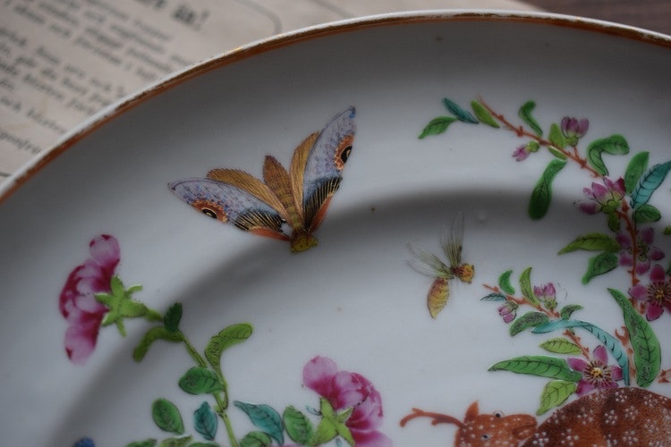 Antique Chinese famille rose mandarin Canton plate with auspicious bats, Jiaqing / Daoguang