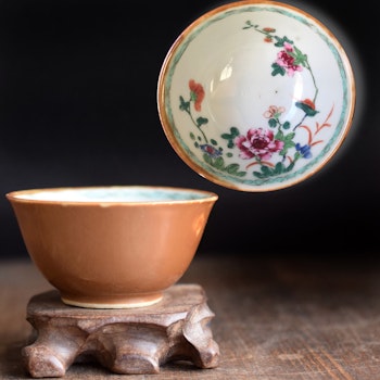 Antique Chinese teacup decorated in famille rose Early 18th C Yongzheng