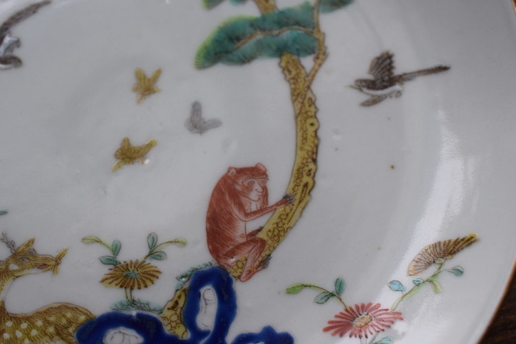 Antique Chinese famille rose plate with monkey and deer, Xianfeng Mark & Period