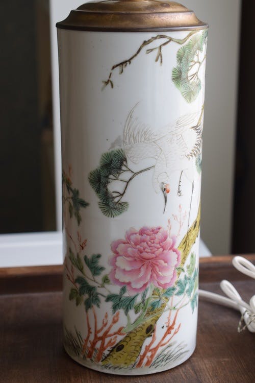Antique Chinese Republic Period Brush Pot / Lamp Crane and Flower
