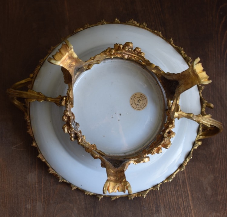 Antique canton rose mandarin bronze mounted deep plate, early 19th century