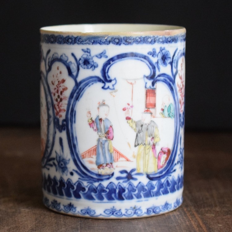 Antique Chinese Export Porcelain Tankard blue and white and famille rose 18th C