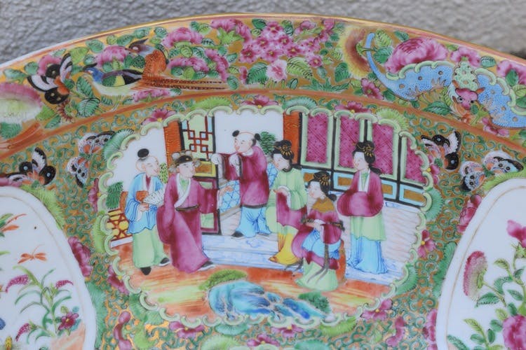 Large Antique Chinese Canton rose mandarin Punch Bowl 40 cm / 15,7 Inch