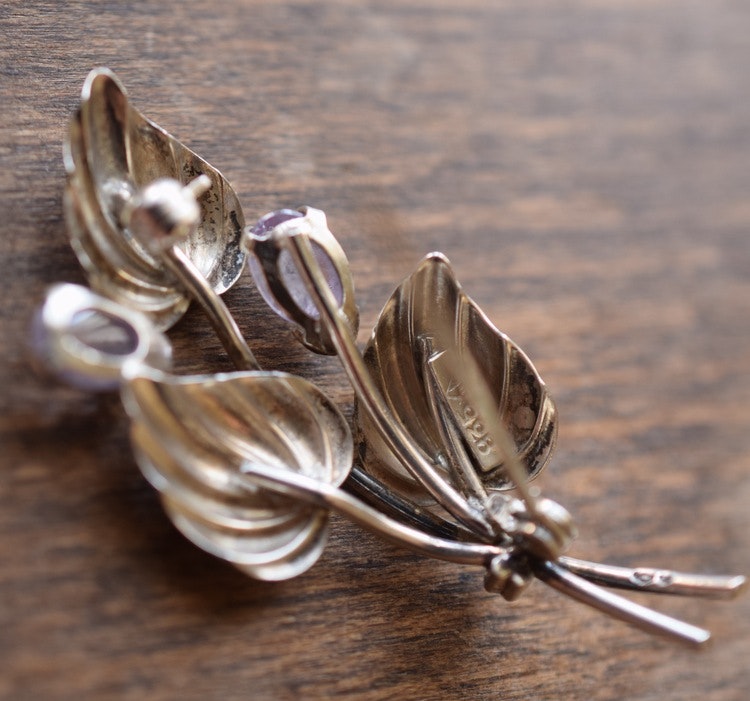 Vintage 1950's German TEKA 835 silver brooch with amethyst stones flora leaves