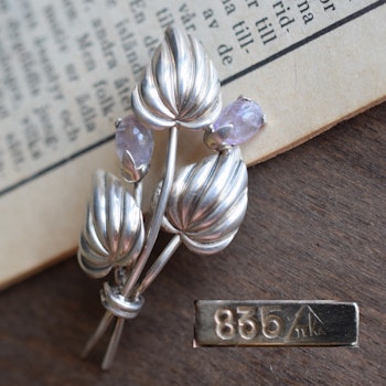 Vintage 1950's German TEKA 835 silver brooch with amethyst stones flora leaves