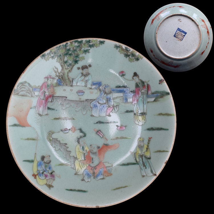 Antique Chinese famille rose celadon plate , Eight Immortals Daoguang period