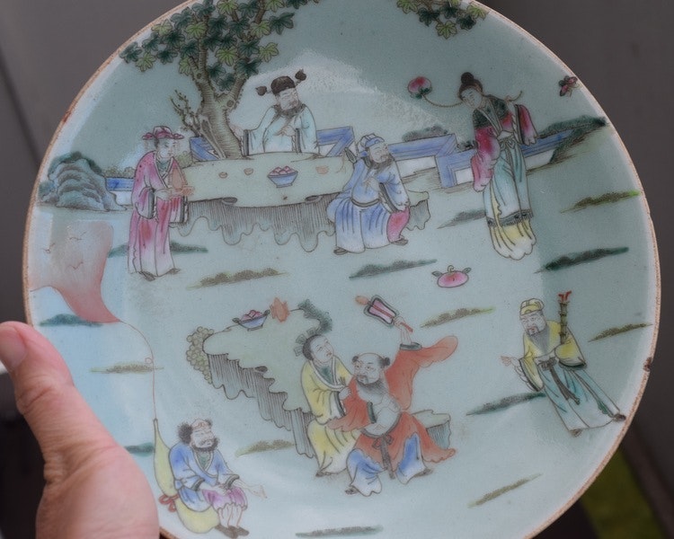 Antique Chinese famille rose celadon plate , Eight Immortals Daoguang period