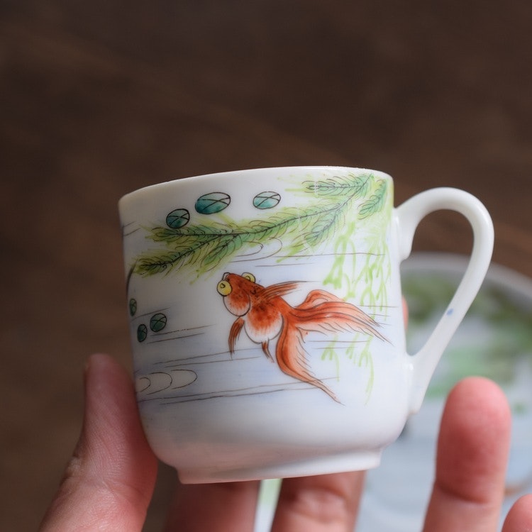 Vintage teacup with saucer Dao Feng Shan / Tao Fong Shan Hong Kong goldfish