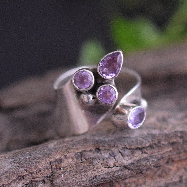 Scandinavian handmade design ring 925 silver 4 faceted amethyst leaf adjustable