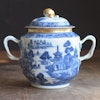 Antique chinese blue and white sugarbowl bowl with lid with Gilt clobbering 18c