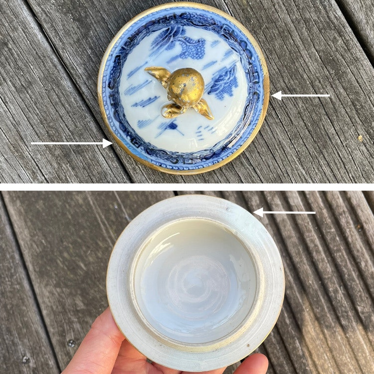 Antique chinese blue and white sugarbowl bowl with lid with Gilt clobbering 18c