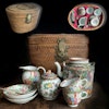 Antique Chinese Canton Rose Medallion tea set with basket 9 pieces! Late Qing