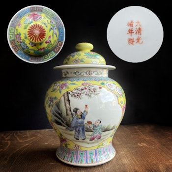 Antique polychrome lidded jar with figure decoration Republic Period, #752